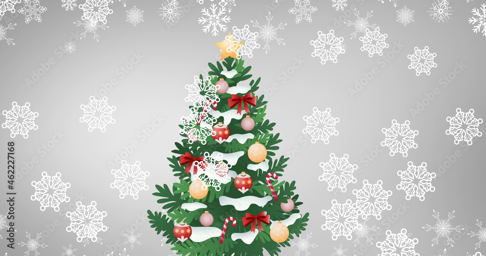 Image of christmas tree and snow falling on white background Image of christmas tree and snow falling on white background