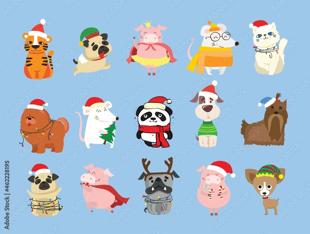 Obraz premium Christmas set of different animals and christmas symbol of the year tiger, rat, cat, dog with gifts and other