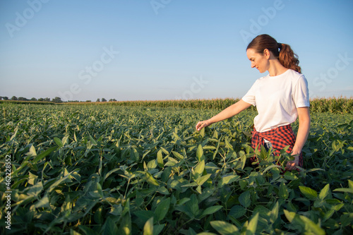 A female farmer in soybean field