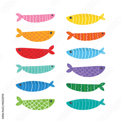 Set, collection of cute hand drawn, doodle decorated colorful fishes for sea life design.