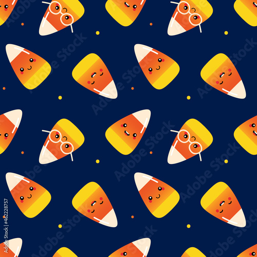Cute happy and smiling candy corn, halloween sweets characters cartoon style vector seamless pattern background.

