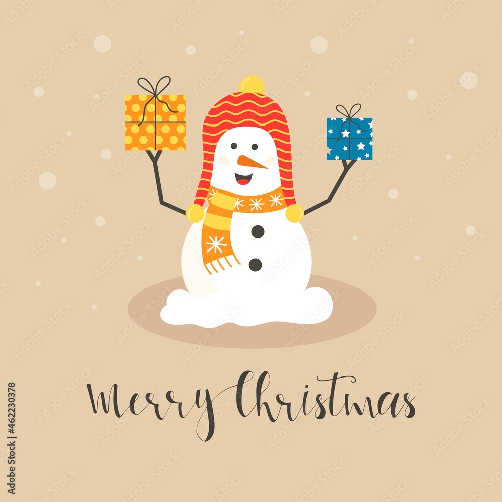 Cheerful christmas snowmen with different presents. Funny snow man wearing hat, scarf with tree. Festive happy xmas holiday cute characters, flat vector cartoon Cheerful christmas snowmen with different presents. Funny snow man wearing hat, scarf with tree. Festive happy xmas holiday cute characters, flat vector cartoon
