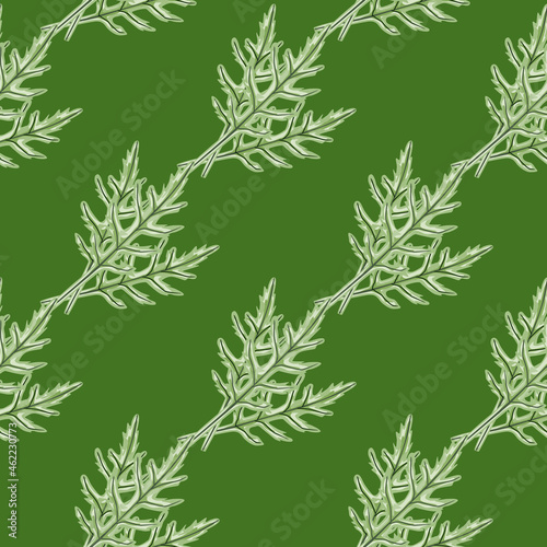 Seamless pattern bunch arugula salad on green background. Simple ornament with lettuce.