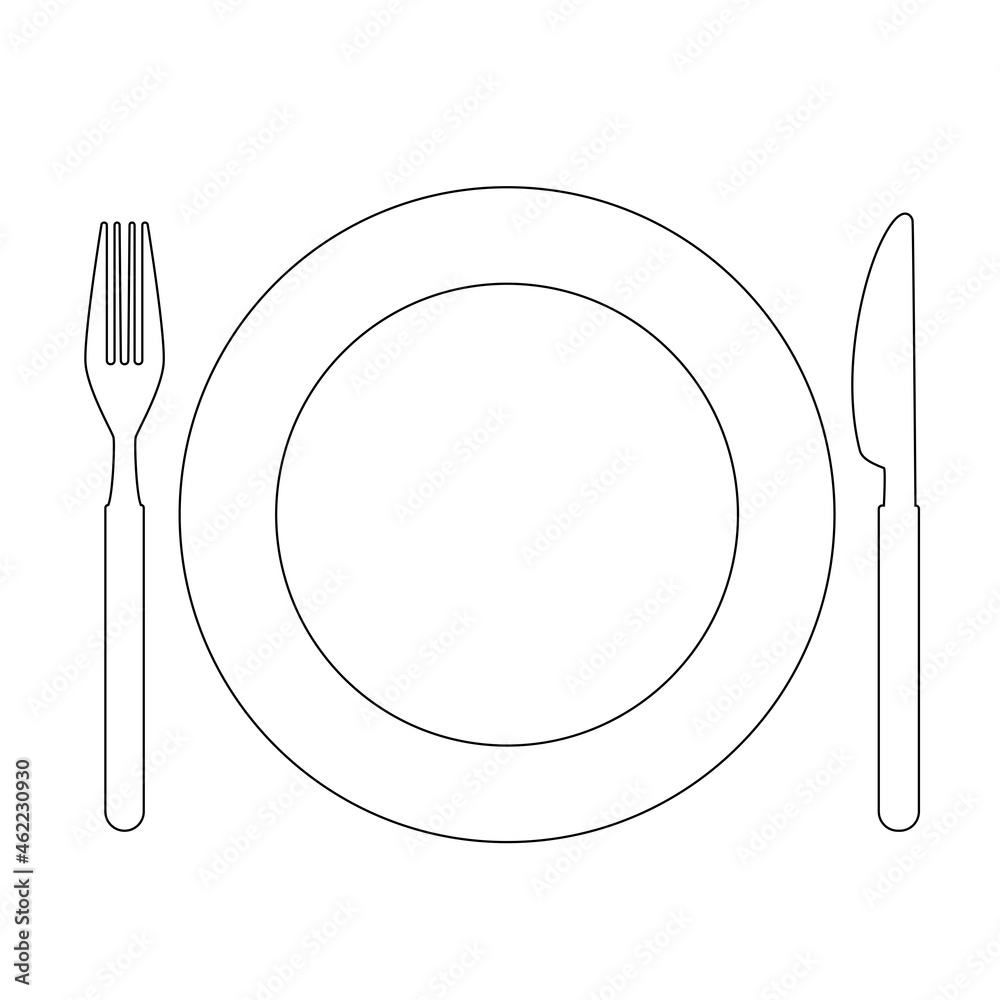 Fototapeta plate with fork and knife outline symbol, vector illustration