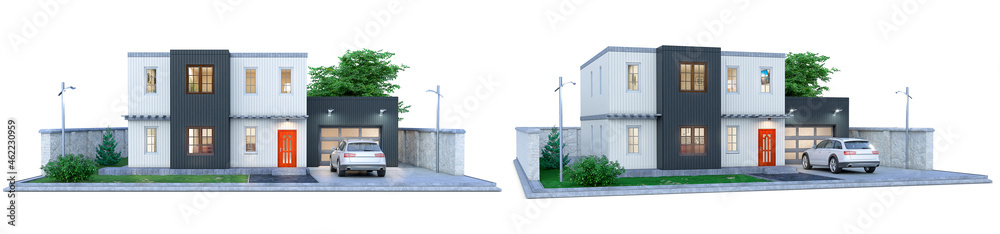 Isolated luxury modular house on the white background. 3d illustration