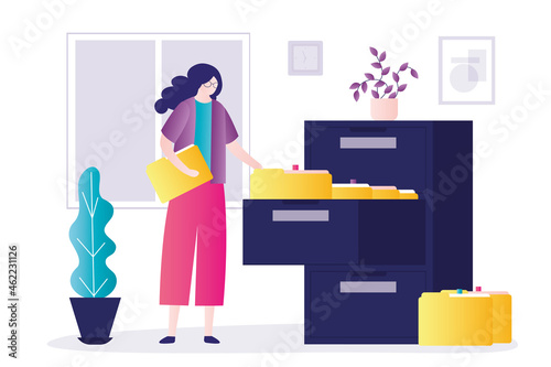 Secretary organizes documents in archive. Businesswoman in office sorts documents. Female character organizes folders in closet