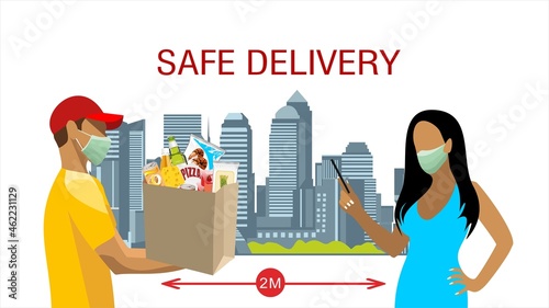 Contactless delivery concept illustration. Vector with courier and woman, in protective masks and bag with Food on safe distance. Protect to covid-19 or coronavirus
