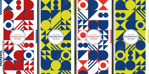 Abstract pattern Bauhaus geometric combination set. Vector circle, triangle, square lines color art wallpaper. Brochure template red blue yellow collection for fabric patterns and wrapping paper..