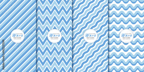 Abstract geometric pattern with blue wavy wave line combination set. Horizontal zigzag stripes, curve, wallpaper. Brochure template summer color collection for fabric patterns and wrapping paper