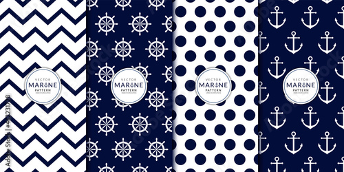 Abstract geometric pattern with blue marine combination set. Horizontal zigzag stripes, polka dot, brochure cover template background