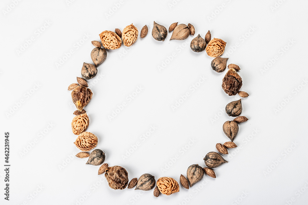 Obraz premium Wreath or Frame from Juglans cordiformis Maxim or heart-shaped walnut isolated on white background