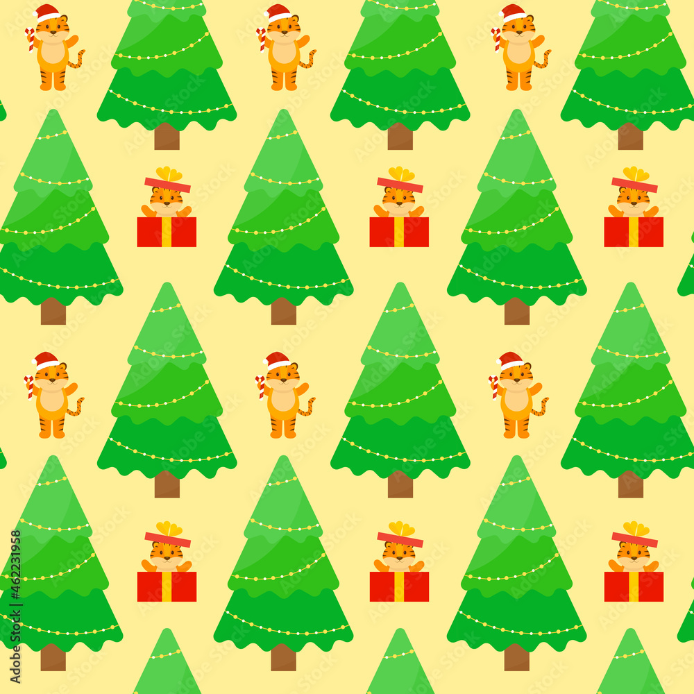 This is a seamless pattern Christmas tree on a light background. Wrapping paper.