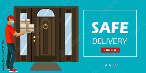 Contactless delivery concept illustration. Vector scene with courier  in protective masks and parcel on safe distance before front door. Protect  to covid-19 or coronavirus