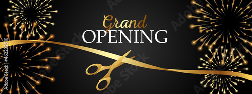 Grand opening design with ribbon, balloons and gold scissors, fireworks. Realistic Vector