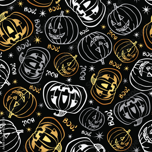 Seamless pattern with festive Halloween pumpkins. Jack orange lantern drawn with carved faces. Repeat tile swatch with boo, gold and silver, white for scrapbook, fabric, wrapping paper