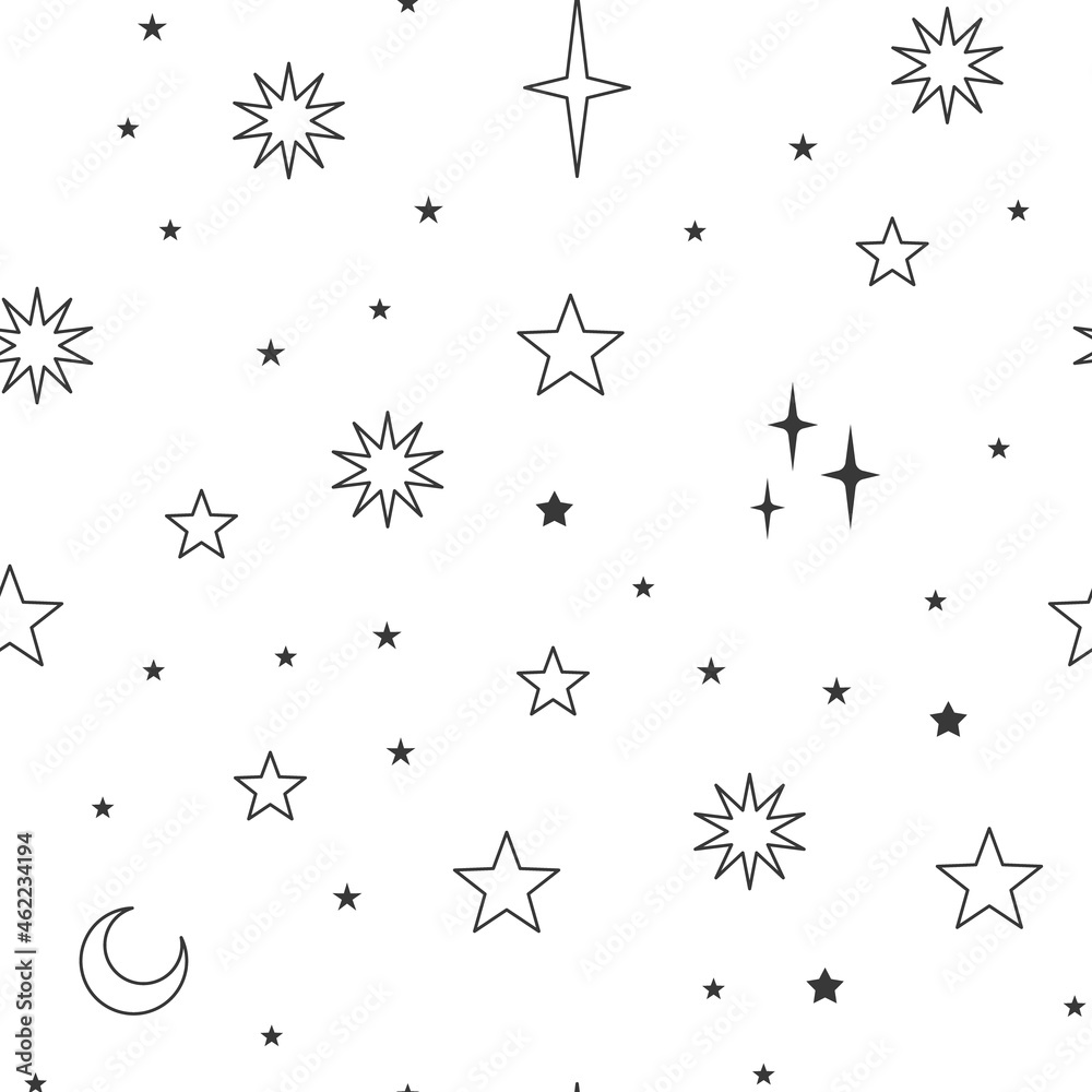 Stars seamless pattern with sun, moon. Mystical esoteric background for astrology design. Cosmos and space texture background.