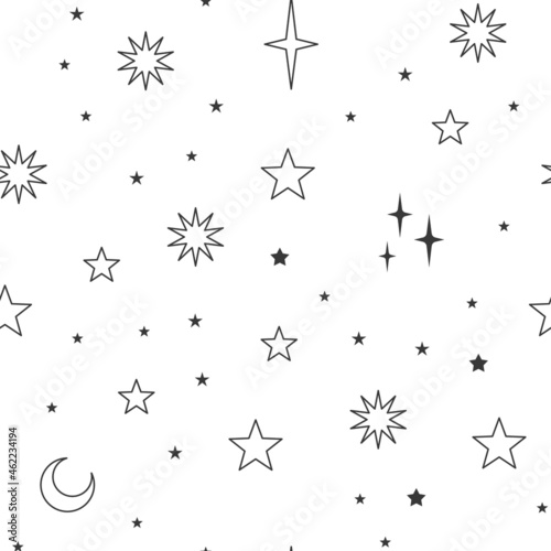 Stars seamless pattern with sun  moon. Mystical esoteric background for astrology design. Cosmos and space texture background.