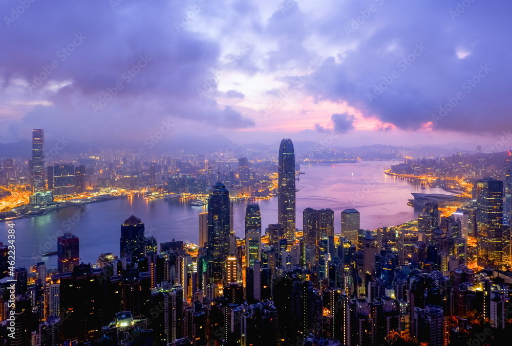 city view in hong kong at Victoria peak on sunrise day