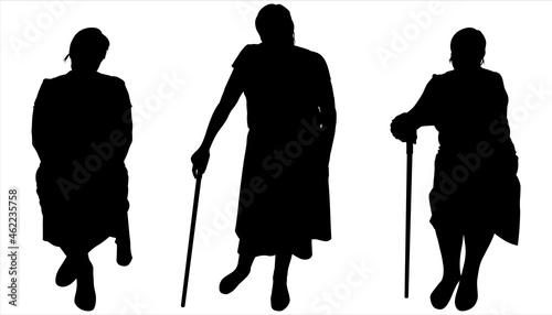 Black female silhouette isolated on white background. Three women, front view. An older woman sits with a cane in her hand. Woman stands and leans on a cane. The women are sitting and looking forward