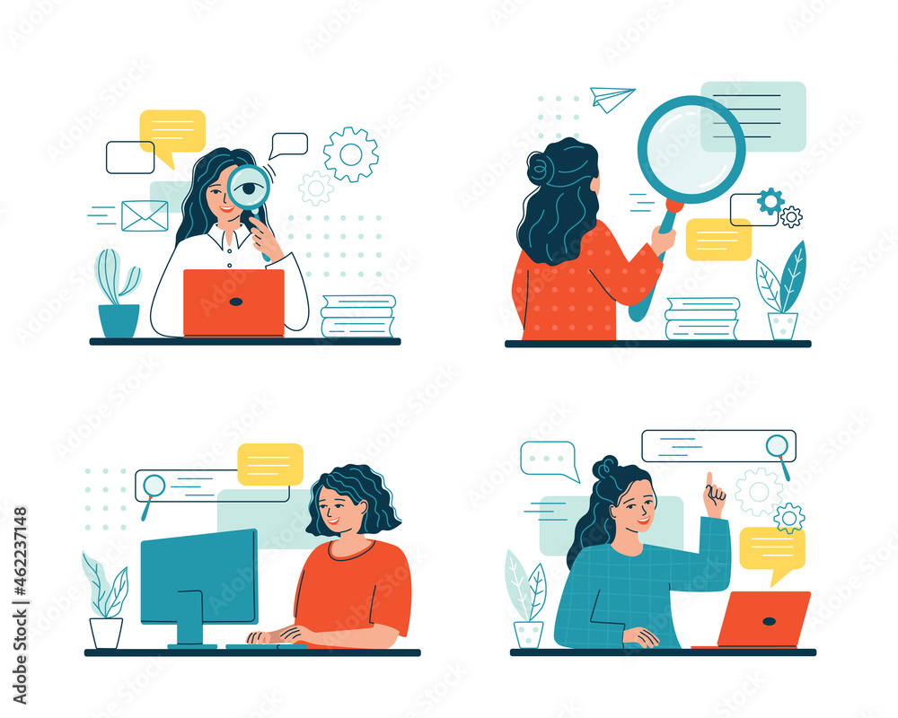 Woman search a file using magnifying glass or loupe. Concept of quick easy document search, system information or data organization in computer. Employee, job and candidate search. Vector illustration Woman search a file using magnifying glass or loupe. Concept of quick easy document search, system information or data organization in computer. Employee, job and candidate search. Vector illustration