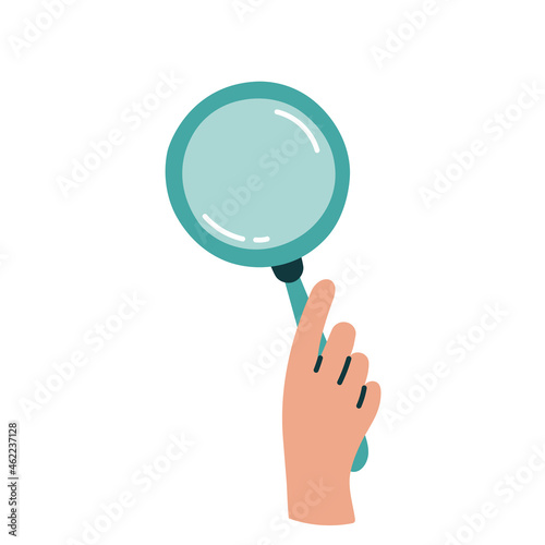 Hand holding a magnifying glass or loupe isolated on white background. Search for problem solutions, science, analysis, business, detective, research. Flat hand drawn vector illustration. 