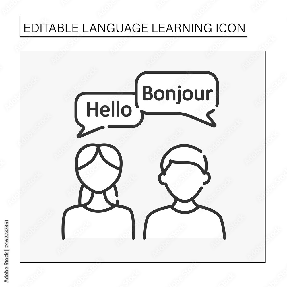 Speaking line icon. Communication by foreign languages. Speaking club. Dialogue in French and English. Language learning concept. Isolated vector illustration. Editable stroke