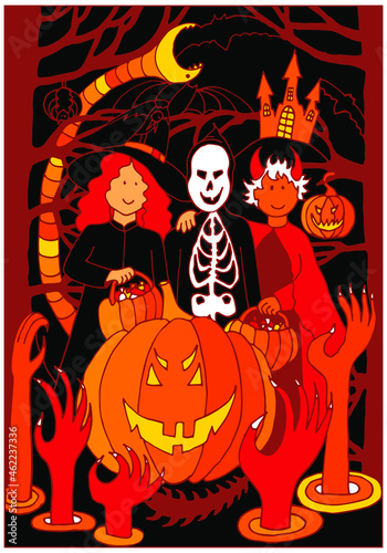 Halloween card. Witch, ghosts, skeleton, bats, pumpkins, hands, moon, castle, snake on a night of celebration. Trick or treat. Hand drawn vector for party cards, poster, print, decoration.