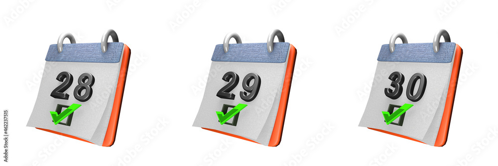 calendar. days 28, 29 and 30. With green checkmark. isolated on white background. 3D illustration, 3D rendering calendar. days 28, 29 and 30. With green checkmark. isolated on white background. 3D illustration, 3D rendering