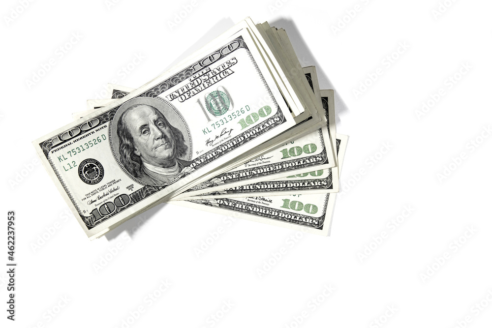 Background with money American hundred dollar bills. Cash. Close-up with selective focus. View from above.