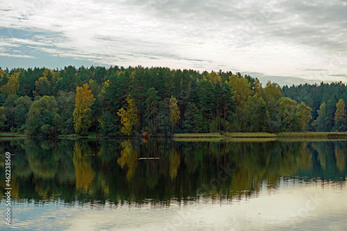 Autumn landscape. Forest on the shore of the lake .. Reflection in the water. The beginning of leaf fall.