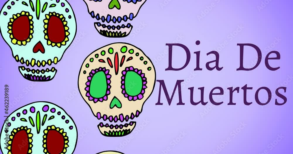 Animation of dia de los muertos over decorative skulls on purple background