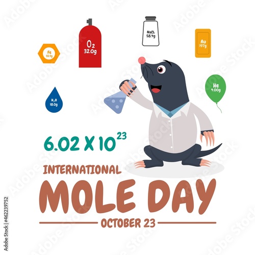 Vector illustration, mole rat character holding a test tube, with the formula Avogadro's constant, as a banner or poster, international mole day. photo