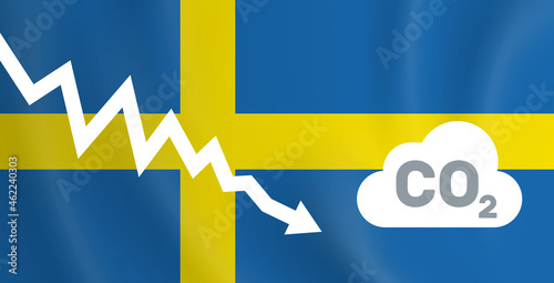 Sweden reducing co2 carbon dioxide emission  graph down  flag background vector illustration