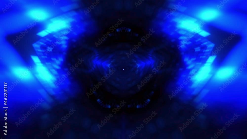 Infinite loop flicker glow blue rotating kaleidoscope tunnel of shining blue neon color lights. 4K Abstract digital tunnel sectors. Cyber colorful led wall and light shine rotating animation. Geometri