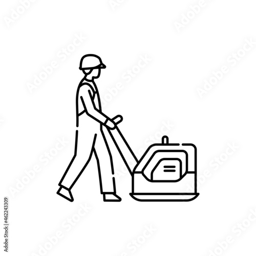 Worker with vibrating plate sign olor line icon. Road construction.