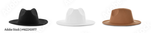Set with different stylish hats on white background, banner design. Trendy headdress