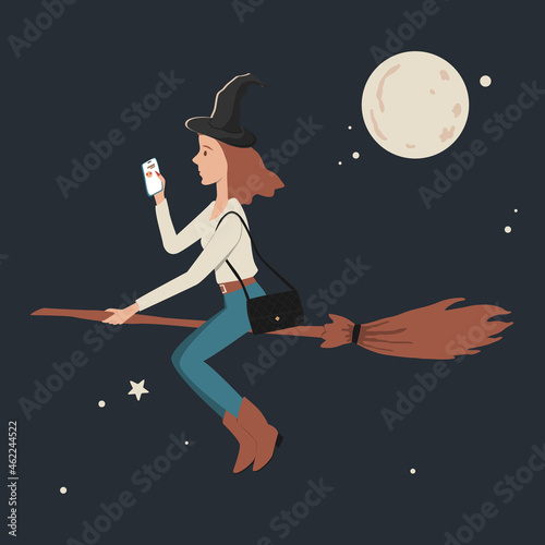 Halloween flying witch on a broomstick with Smartphone in her hands. Woman character. Modern flat cartoon colorful vector illustration
