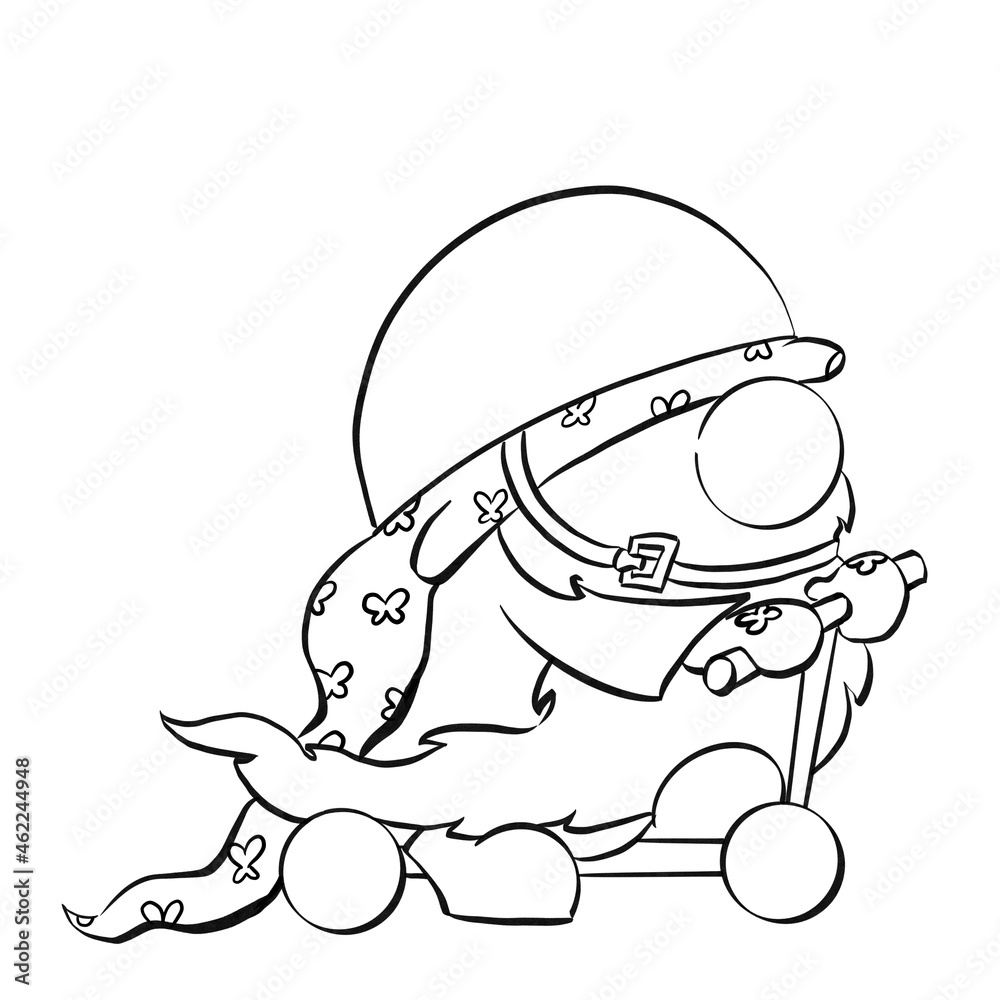 Cute gnome in hat riding the scooter. Christmas and New Year contoured illustration for banner and design. Collection of gnomes in cartoon style. Colouring book. Cute gnome in hat riding the scooter. Christmas and New Year contoured illustration for banner and design. Collection of gnomes in cartoon style. Colouring book.