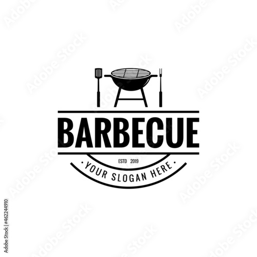 Vintage hipster Grill Barbeque invitation party barbecue bbq with crossed fork spatula and fire flame Logo design