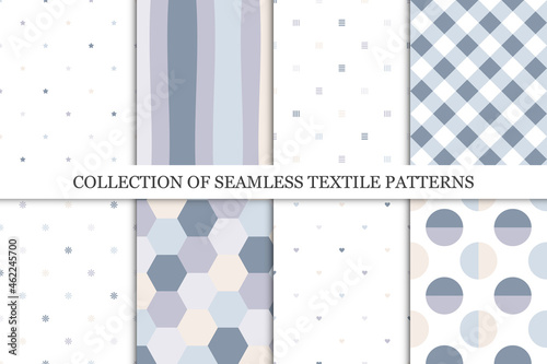 Collection of vector seamless delicate colorful patterns. Trendy elegant design. Simple fabric backgrounds, endless minimalistic prints