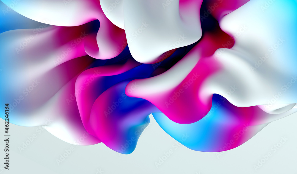 Obraz premium 3d render of abstract art with part of surreal flying drapery blanket in curve wavy organic lines forms wrinkles in silk material painted in blue purple and white gradient color 