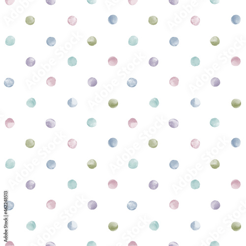Watercolor round spots  uneven tiny polka dots seamless vector pattern. Natural  dim colors circle shape brush strokes  paint stains  watercolour smears background. Hand drawn colorful dot texture.