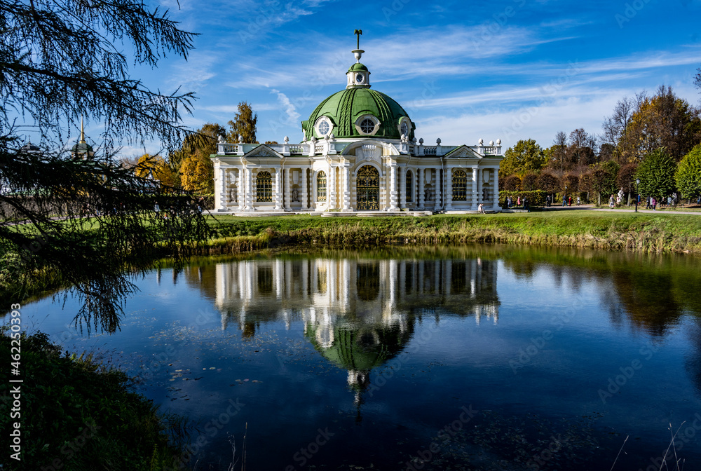 the old museum and park complex Kuskovo in Moscow at the beginning of autumn on a bright sunny day 