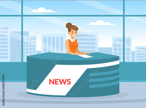 Woman TV Reporter at Desk in Studio Announcing the News Vector Illustration