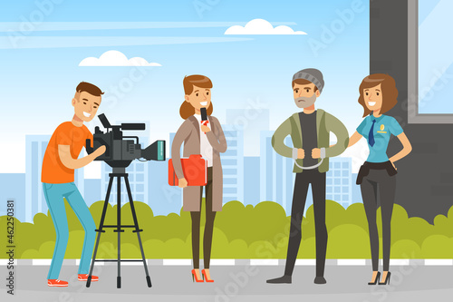 Woman TV Reporter Speaking Into Microphone Interviewing Criminal and Camera Man Recording Vector Illustration