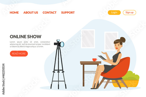 Woman TV Reporter in Studio Hosting Show Vector Landing Page Template