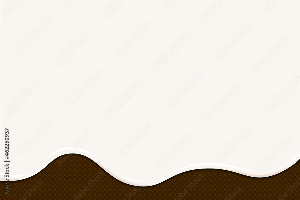 Ice cream or yogurt melt on chocolate waffle. White creamy or milk liquid drips flow on toasted crispy biscuits. Glazed wafer sweet cake texture. Blank background template for banner or poster. Eps