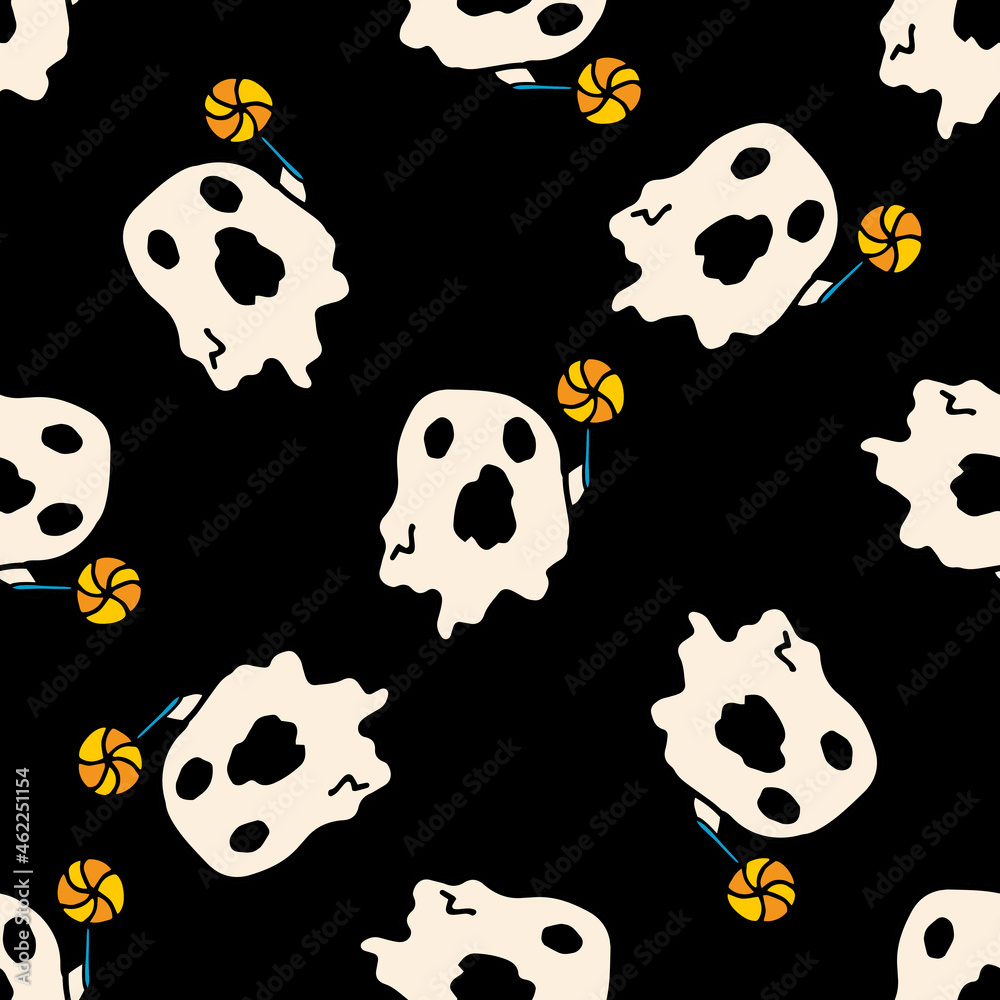 Fototapeta premium a pattern from a ghost with a lollipop in a cartoon style. seamless pattern of a ghost hand-drawn in doodle style with a striped candy on a pillowcase, randomly arranged on black, for a Halloween temp