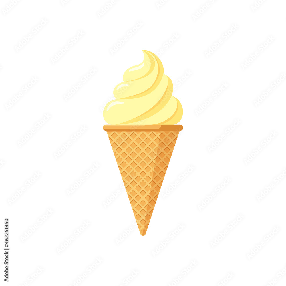 Delicious yellow ice cream brulee in waffle cone. Vanilla taste isolated twisted ice-cream on white background. Cute flat style product design vector eps illustration