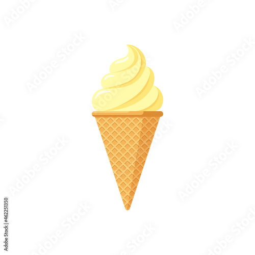 Delicious yellow ice cream brulee in waffle cone. Vanilla taste isolated twisted ice-cream on white background. Cute flat style product design vector eps illustration